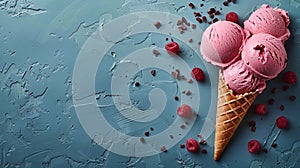 Waffle cones with delicious ice-cream and berries blue background with copyspace.