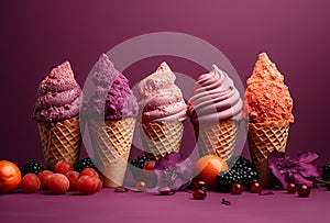 Waffle cones with delicious ice cream with fruits on purple background.