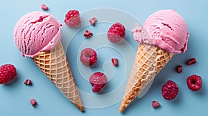 Waffle cones with delicious ice-cream and raspberries berries on the blue background.