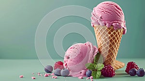 Waffle cones with delicious strawberry ice-cream on grey color background.