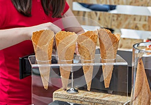 Waffle cones in an ice cream shop
