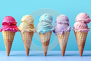 Waffle cones with scoops of pink ice cream on blue background, front view close-up.