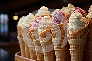 Waffle cones stacked, displaying a tempting assortment of sweet treats