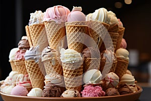 Waffle cones stacked, displaying a tempting assortment of sweet treats