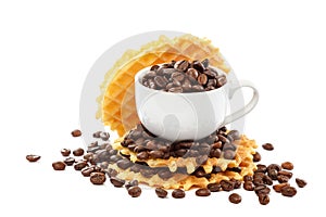 Waffle cookies and coffee grains on a white background