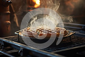 waffle cooking in iron, steam rising