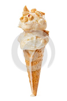 waffle cup white with caramel ball of ice cream decorated with peanuts isolated on white background, close up