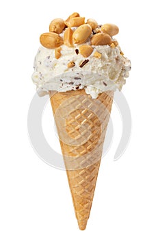 waffle cup white with chocolate chips scoop of ice cream decorated with peanuts isolated on white background, close up