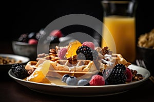 Waffle full of berries and oranges on the plate