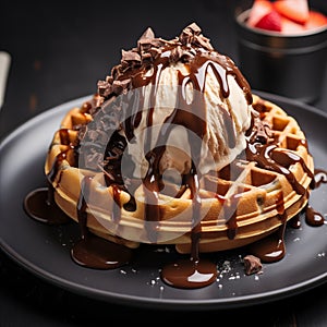 the waffle has chocolate syrup drizzles on top