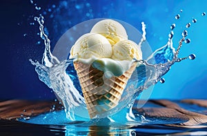 A waffle ice cream cone falls with a splash into the blue water. Freshness, cooling, thirst quenching in the heat of the