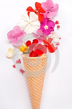 Waffle ice cream cone with flowers