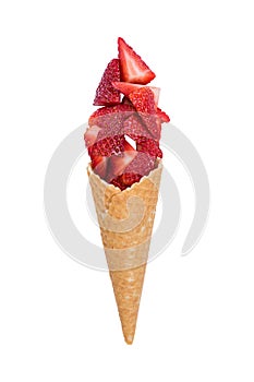 Waffle ice cream cone with fresh strawberry fruits