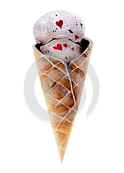 Waffle ice cream cone painted with watercolors isolated on white background