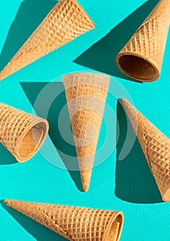 Waffle Ice Cream Cones on a Solid Background with Fashion Lighting