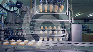 Waffle ice-cream cups are getting relocated from the conveyor belt into a revolving machine