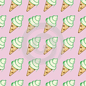 Waffle ice cream pattern. Idea for decors, ornaments, wallpapers, gifts, damask. Creative vector illustration on pink.