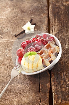 Waffle with icecream and berries