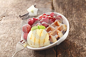 Waffle, icecream and berry dessert