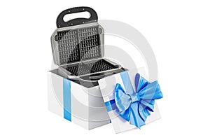 Waffle iron oven inside gift box, gift concept. 3D rendering