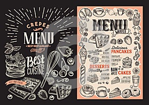 Waffle and pancake menu for restaurant with frame of hand-drawn fruits and sweets