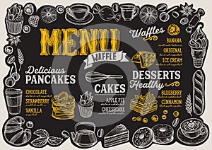 Waffle and pancake menu for restaurant with frame of hand-drawn