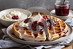 Waffle on a plate with bowl of jam and sour cream