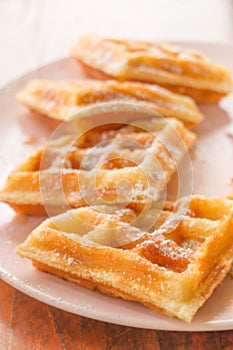 Waffle with powdered sugar on plate