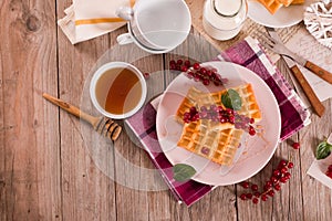 Waffle with red currant and honey.