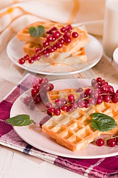 Waffle with red currant and honey.