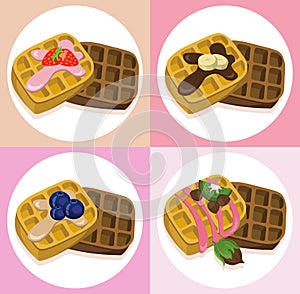 Waffle set chocolate syrop and banana and fruits flavor Vector icon template retro style dotted background