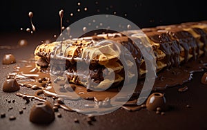 Waffle stick with oozing melted chocolate. Ai generative