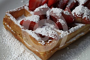 Waffle with strawberries and sugar