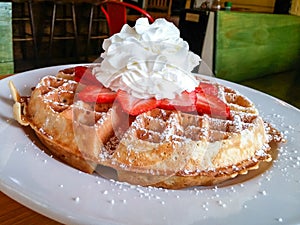 Waffle with Strawberries and Whipped Cream