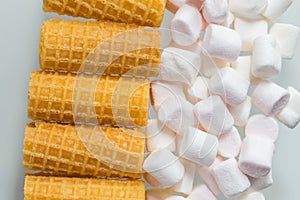 Waffle tubes and marshmallow, macro food photography