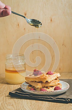 waffles with berries, honey in plate/waffles with berries, honey in plate on a old wooden background, selective focus