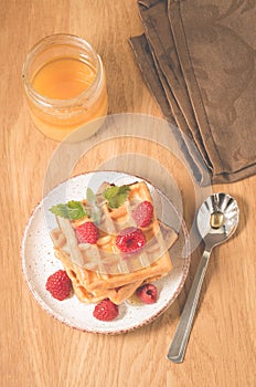 waffles with berries, honey in plate/waffles with berries, honey in plate on a old wooden background, top view