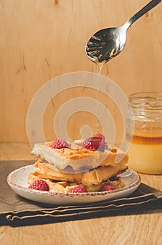 waffles with berries in plate, honey from a spoon/ waffles with berries in plate poured by honey from a spoon