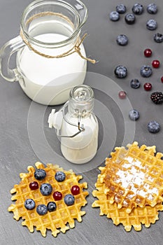 Waffles and berries on table. Milk in glass bottle and in jug