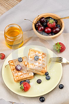 Waffles with berries on wooden background