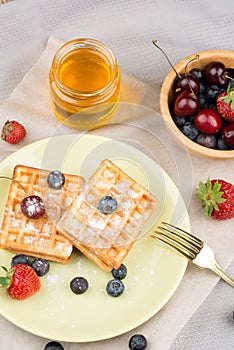 Waffles with berries on wooden background