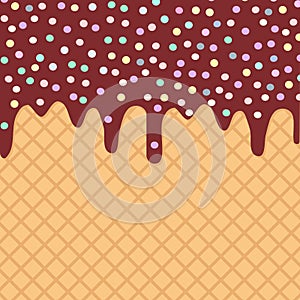 Waffles with flowing chocolate sauce and sprinkles background for your text. Sweet texture golden crust dough. Vector