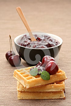 Waffles and fresh cherry jam