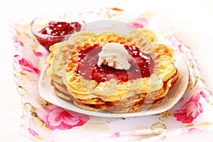 Waffles with fresh strawberry jam