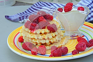 Waffles with sour cream and raspberries