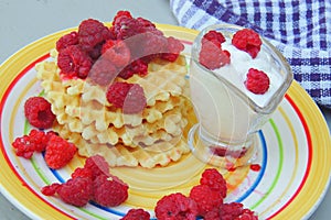 Waffles with sour cream and raspberries