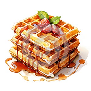 Waffles with strawberries and syrup on a white background. Watercolor illustration
