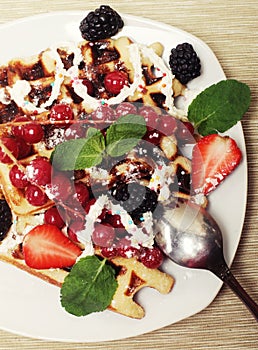 Waffles with strawberry and blackberry