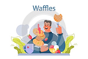 Waffles. Sweet Belgian pastries with cream topping and fruits.