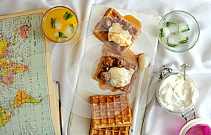 Waffles with walnut jam and Greek yogurt as a healthy breakfast